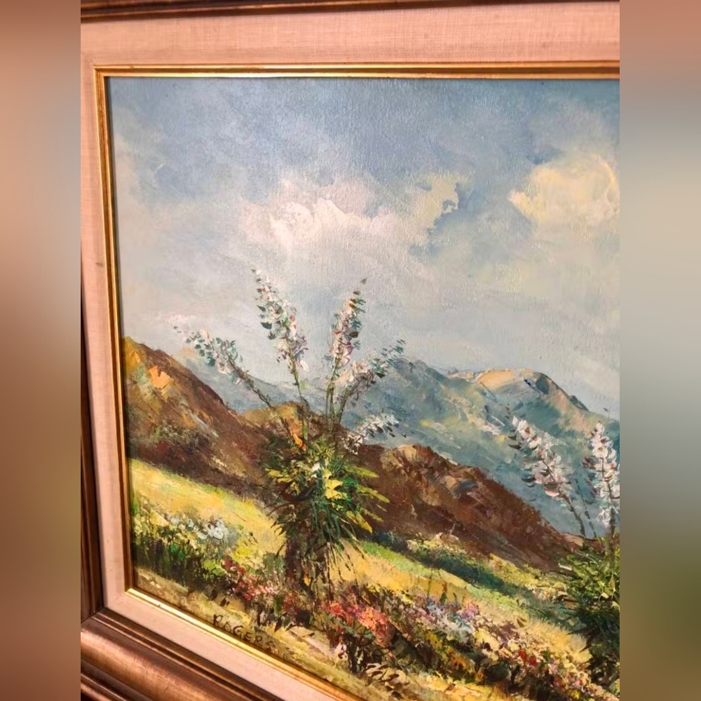 Vintage Signed Rogers Oil Painting | Wildflower Meadow Framed 40x24 - Picture 3 of 12